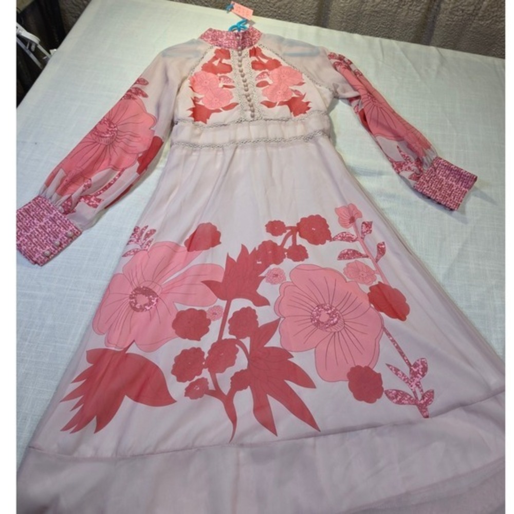 Vintage Style Pink Floral Chiffon Maxi Dress Mock Neck Lace Trim Size L